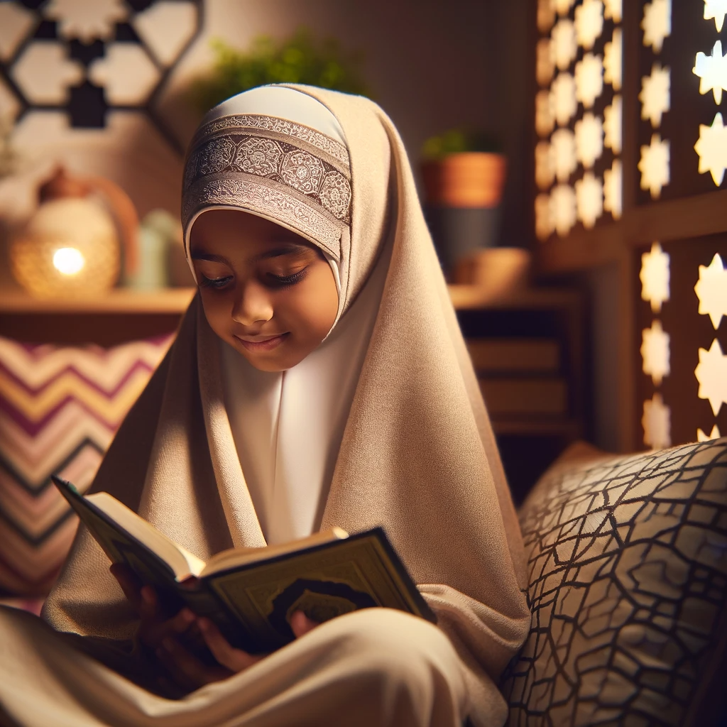 DALL·E 2023-12-29 08.44.11 – A heartwarming scene of a young Muslim girl, with a gentle and kind expression, wearing a traditional niqab. She is sitting peacefully, engrossed in r