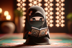 DALL·E 2023-12-29 08.47.02 – A 3D style image of a cute Muslim girl wearing a niqab, engaged in reading the Quran. The girl is depicted with a gentle expression visible in her eye