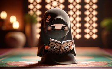 DALL·E 2023-12-29 08.47.02 - A 3D style image of a cute Muslim girl wearing a niqab, engaged in reading the Quran. The girl is depicted with a gentle expression visible in her eye