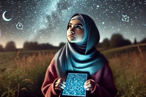 DALL·E 2024-08-16 21.33.48 – A wide aspect ratio image of a young Muslim girl wearing a hijab, gazing up at the night sky and trying to guess the constellations. She stands in an