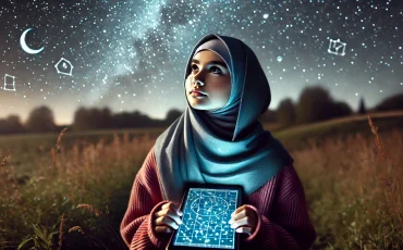 DALL·E 2024-08-16 21.33.48 - A wide aspect ratio image of a young Muslim girl wearing a hijab, gazing up at the night sky and trying to guess the constellations. She stands in an