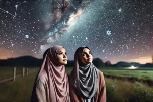 DALL·E 2024-08-16 21.35.07 – A wide aspect ratio image featuring two young Muslim girls wearing hijabs, standing side by side, gazing up at the night sky filled with stars. They a