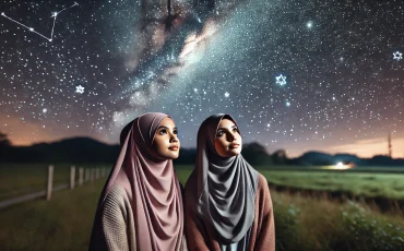 DALL·E 2024-08-16 21.35.07 - A wide aspect ratio image featuring two young Muslim girls wearing hijabs, standing side by side, gazing up at the night sky filled with stars. They a